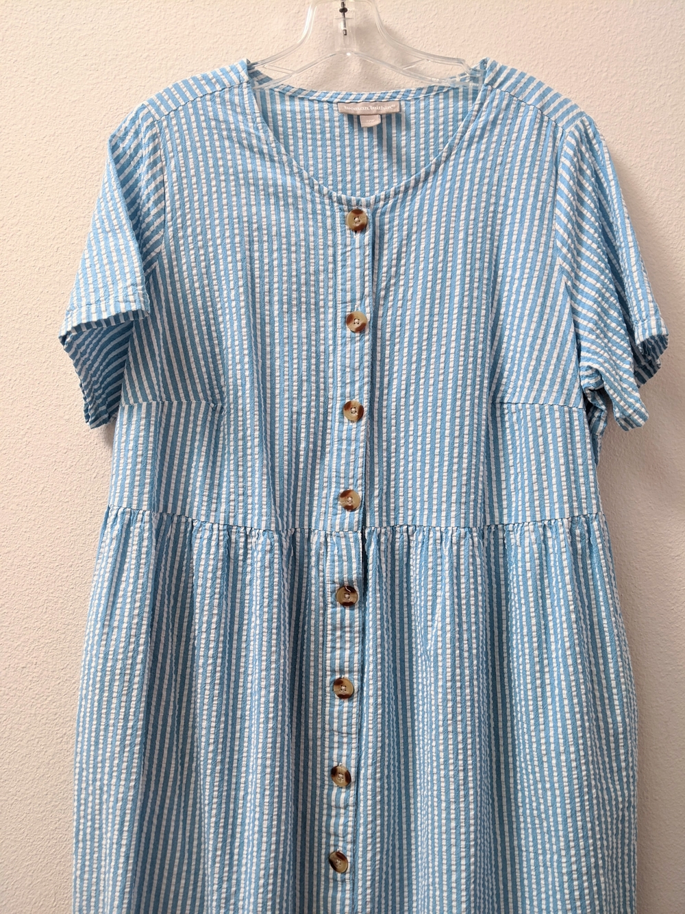 Woman Within Blue & White Stripe Seersucker Midi Dress w/ pockets sz 22W NWOT